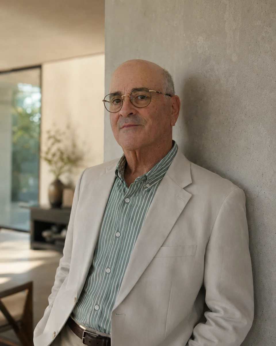 Joe Goodman in a linen jacket, leaning on a concrete wall inside a modern home