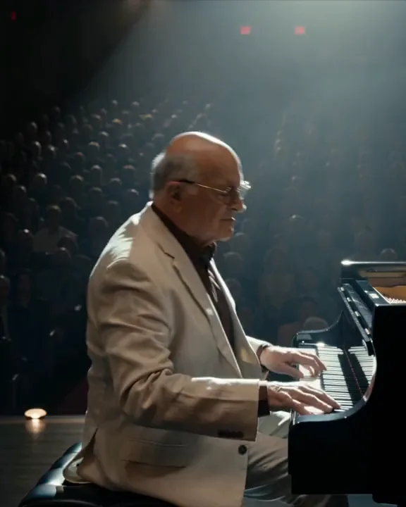 Joe Goodman playing a grand piano on a concert stage, from his film